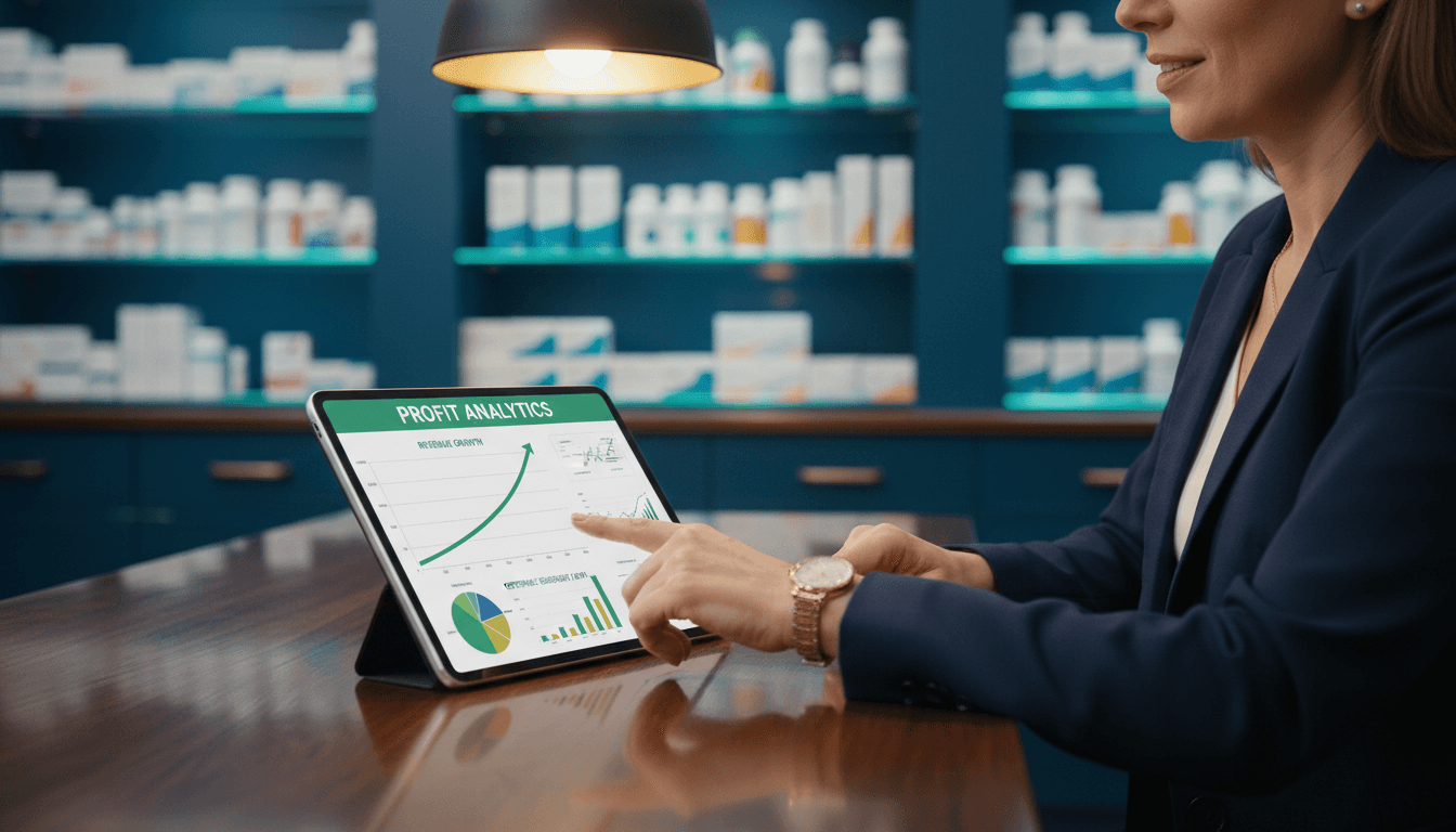 Pharmacy owner reviewing profit analytics on tablet showing upward revenue trends