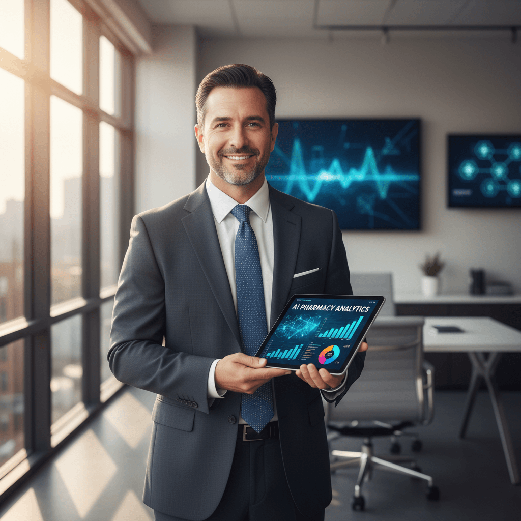 Business owner standing in modern office holding tablet with financial reports displayed