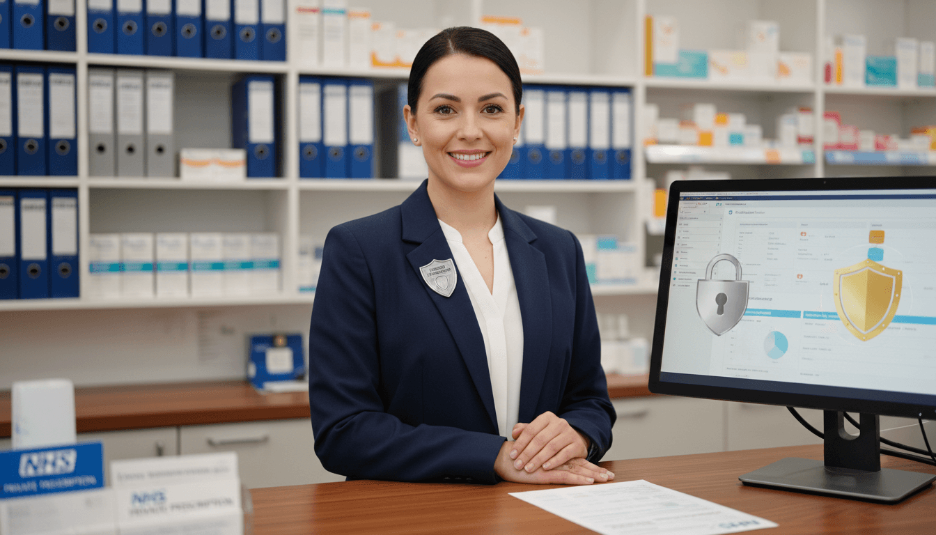 GPhC-compliant pharmacy data management system with security and compliance indicators