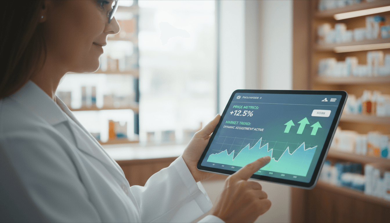 Dynamic pricing engine displaying real-time price adjustments on pharmacy management dashboard