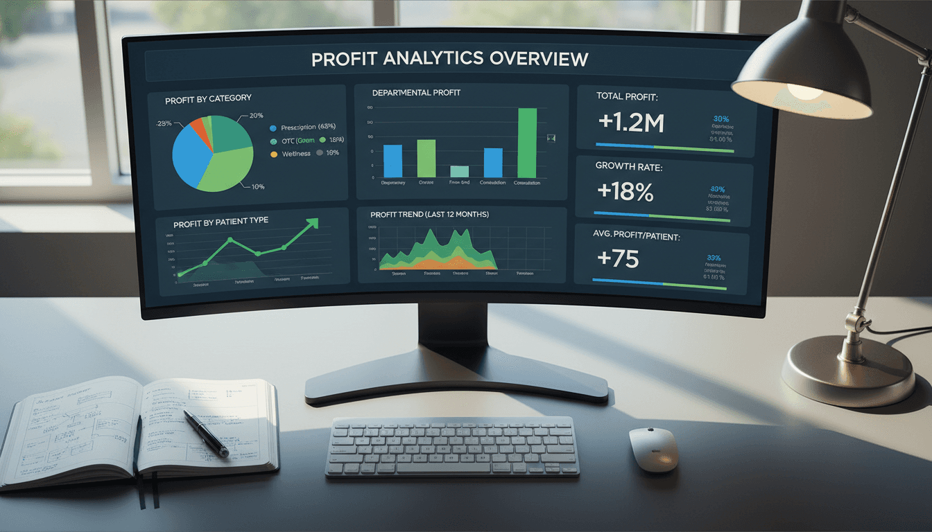 Comprehensive pharmacy profit analytics dashboard showing detailed financial metrics and revenue breakdown