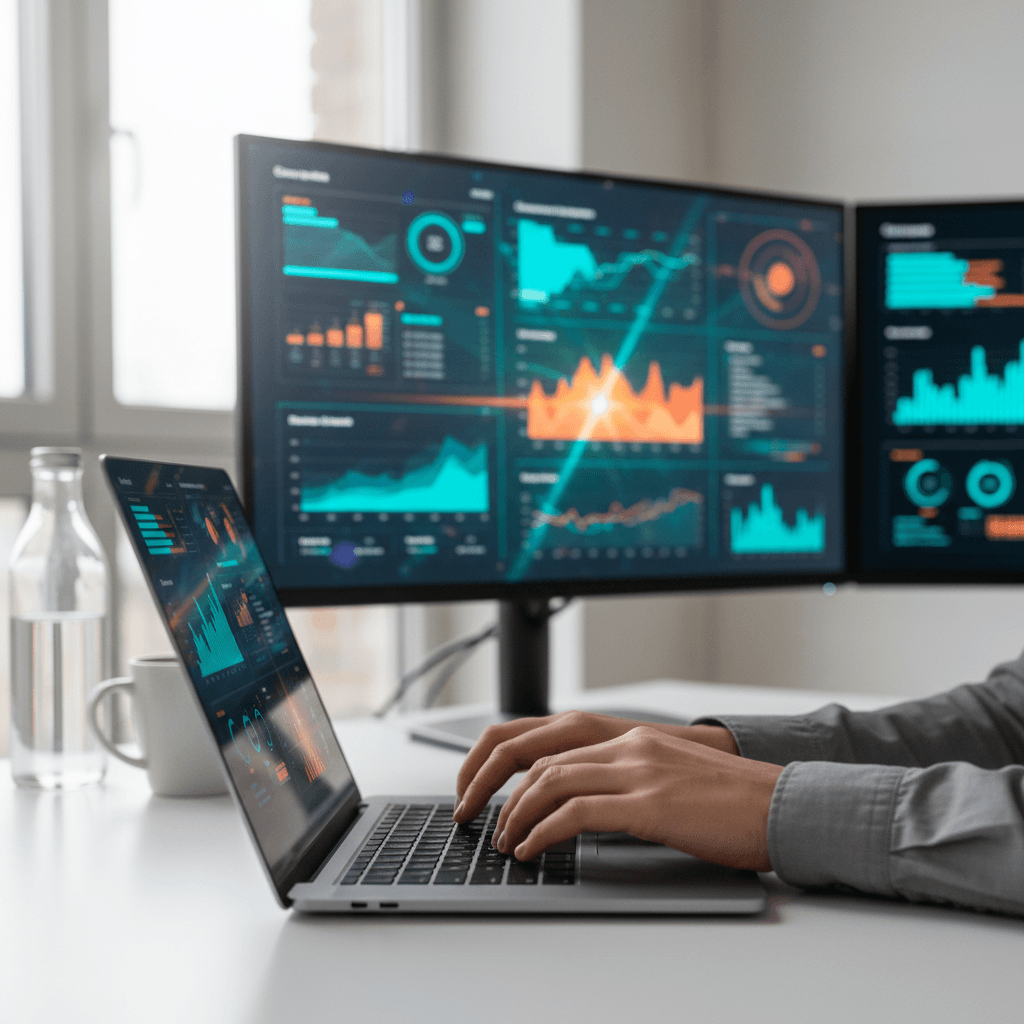 Analog Mutations workspace showing pharmacy profit data analytics on a computer screen
